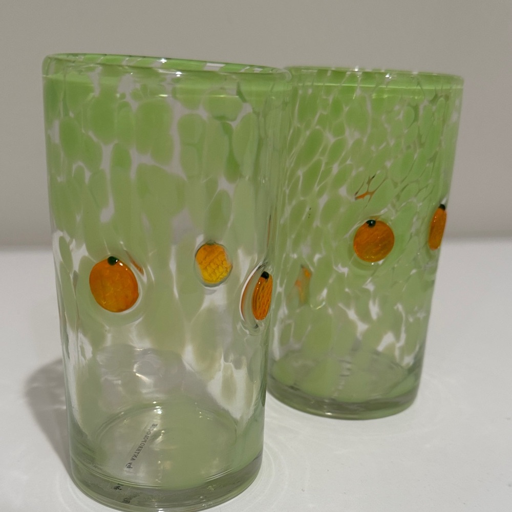 2- Anthropologie Green and Orange Glass Tumblers